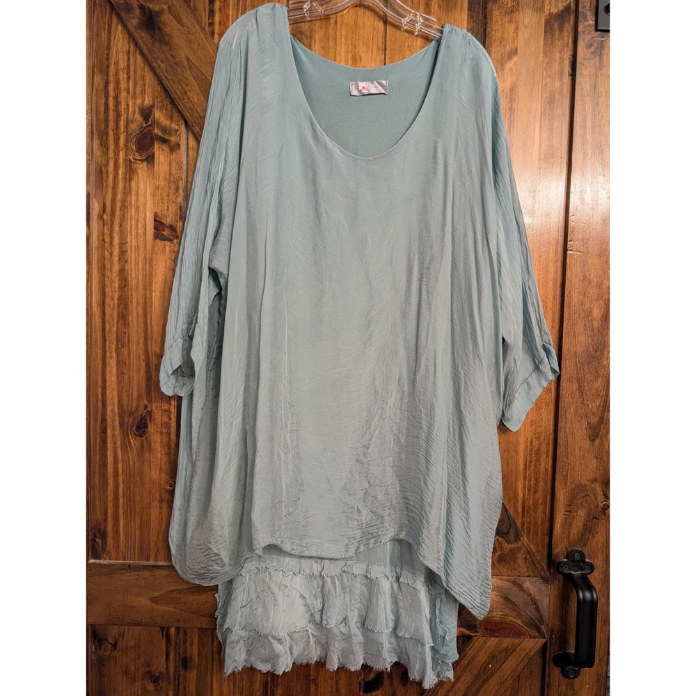 Tina Stephens Italy Silk Ruffle Hem Tunic Top Light Blue OS 2862-06